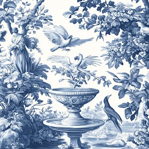 May include: A blue and white toile print featuring a fountain with birds and flowers. The fountain is a large, ornate urn with a bowl on top. There are two birds perched on the rim of the bowl, and a third bird is flying overhead. The background is filled with flowers and foliage.