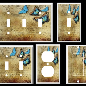 BLUE BUTTERFLY On Vintage Paper Light Switch Cover Plate  Home Decor