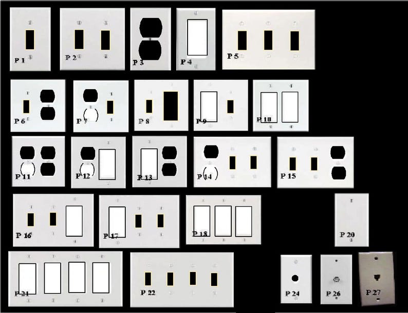 May include: A collection of 27 white plastic electrical outlet covers with various configurations of switches and outlets. The covers are labeled with numbers P1 through P27.