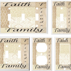 May include: Six light switch and outlet covers with a beige and brown patterned design. The covers feature the text "Faith, Friends, Family" in black.