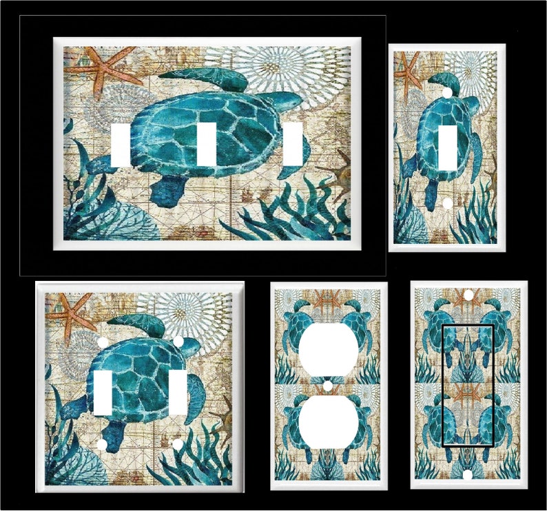 May include: Set of five light switch and outlet covers featuring a vintage nautical map design with a blue sea turtle, starfish, and seaweed.