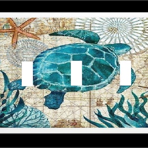 May include: A light blue sea turtle with a vintage map background. The turtle is surrounded by seaweed and a starfish. This is a double light switch cover.
