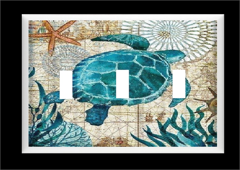 May include: A light blue sea turtle with a vintage map background. The turtle is surrounded by seaweed and a starfish. This is a double light switch cover.