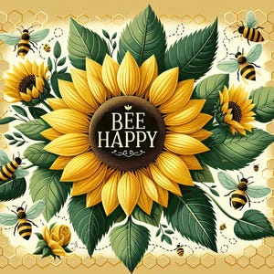 May include: A digital illustration featuring a large yellow sunflower with the text "BEE HAPPY" in a brown circle at its center. Green leaves and several bees surround the flower, set against a light yellow honeycomb background.