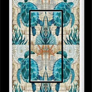 May include: A light switch cover with a vintage nautical design featuring two blue sea turtles swimming in a coral reef with starfish and seashells. The background is a faded map with a distressed look.