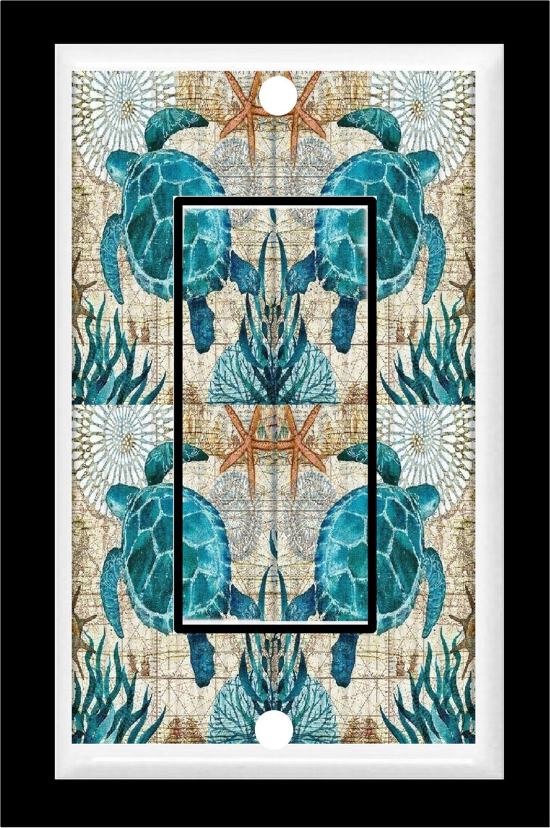 May include: A light switch cover with a vintage nautical design featuring two blue sea turtles swimming in a coral reef with starfish and seashells. The background is a faded map with a distressed look.