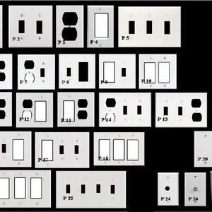 May include: A collection of 27 white plastic electrical outlet covers with various configurations of switches and outlets. The covers are labelled with numbers P1 through P27.