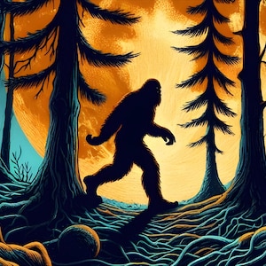 May include: An illustration of a Bigfoot silhouette walking through a forest. The artwork features a large orange moon in the background, with dark blue trees and roots in the foreground. The overall color palette includes shades of orange, blue, and black.