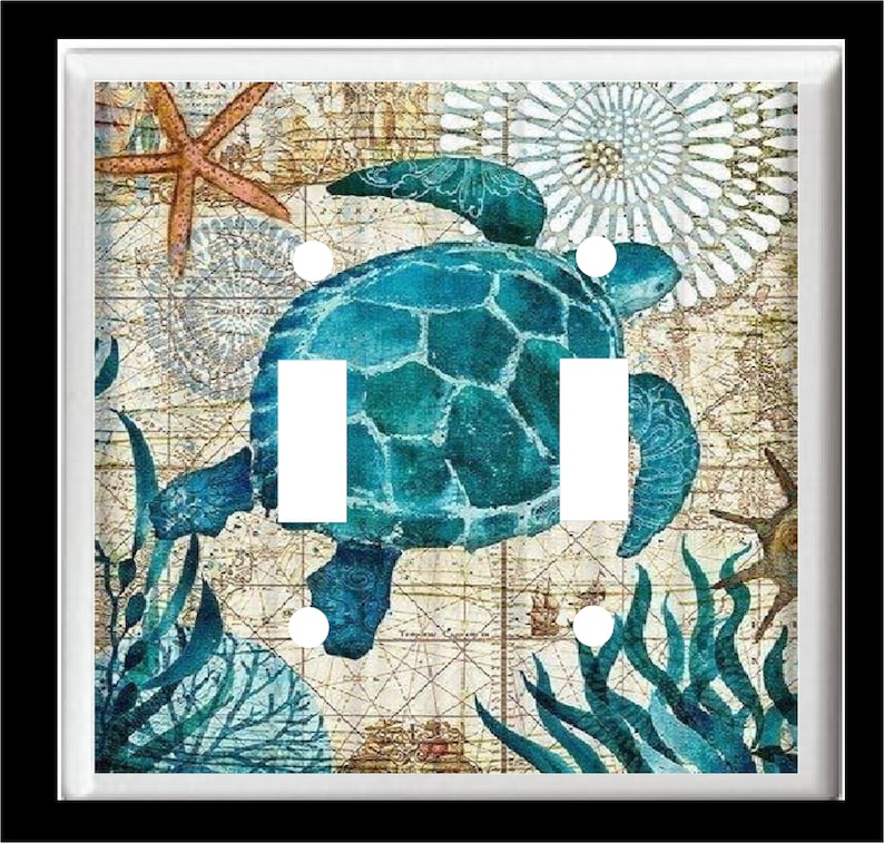 May include: A light blue and green watercolor painting of a sea turtle swimming in the ocean. The turtle is surrounded by seaweed and coral. The background is a vintage map with nautical details.