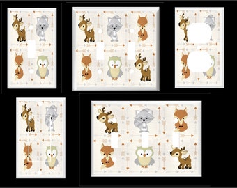 WOODLAND ANIMALS NURSERY Fox Owl Deer Raccoon Light Switch Cover Plate or Outlet   Home Decor