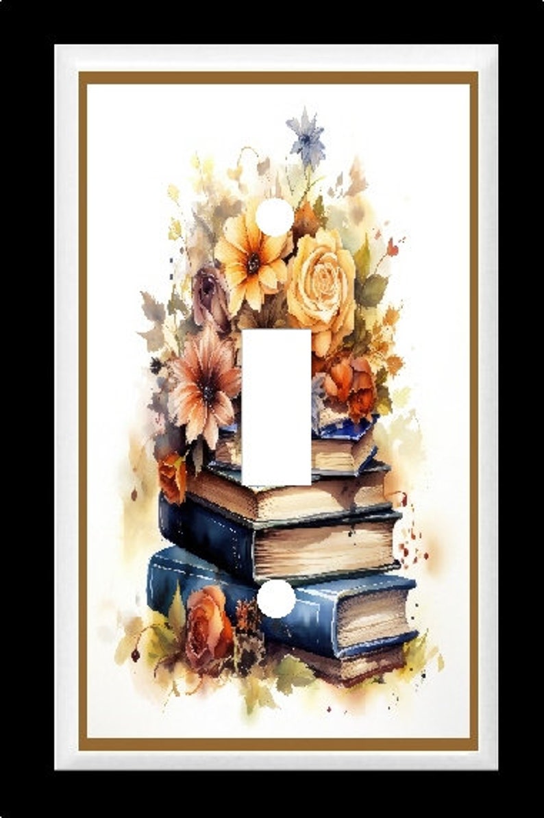 STACKED BOOKS ROSES Daisy Floral Reading Room Light Switch Cover Plate ...
