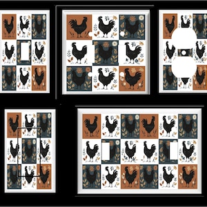 May include: Set of four light switch and outlet covers featuring a repeating pattern of black rooster silhouettes on a white background with brown and blue accents.