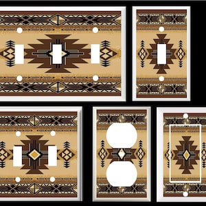 May include: Set of five light switch and outlet covers featuring a Southwestern-inspired geometric pattern in shades of brown, beige, and black.