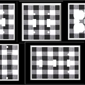 May include: Set of five black and white buffalo plaid light switch and outlet covers. The covers are made of durable plastic and feature a classic buffalo plaid pattern.