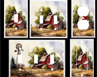 RUSTIC RED BARN Windmill # 1 Watercolor Home Decor Light Switch Cover Plate or Outlet