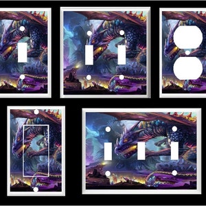 May include: Set of four light switch and outlet covers featuring a fantasy illustration of a purple dragon with glowing eyes and wings flying over a purple and blue landscape with glowing crystals.
