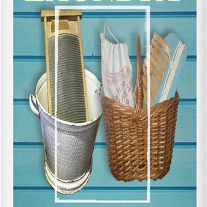May include: A white light switch cover with a blue and white woodgrain background. The switch cover has the words "Laundry" and "Loads of Fun" in yellow text. The image also shows a vintage washboard, a basket, and a laundry brush.