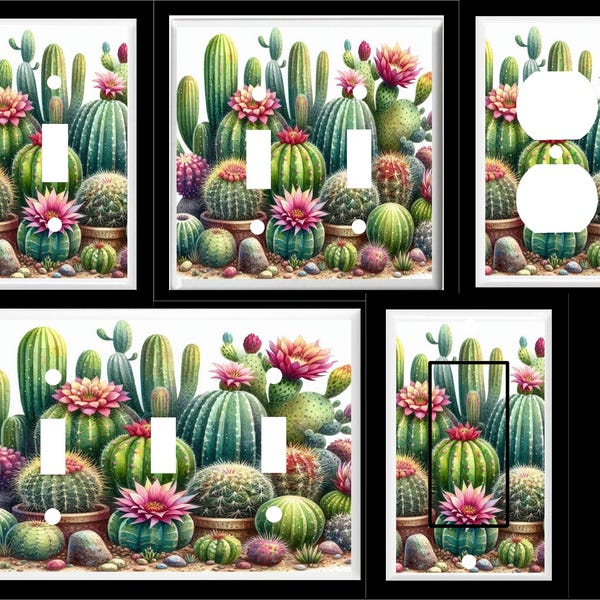 Barrel Cacus in pots Saguaro Spring Flowers Desert Light Switch Cover Plate or Outlet Home Decor Sand Stones Southwest