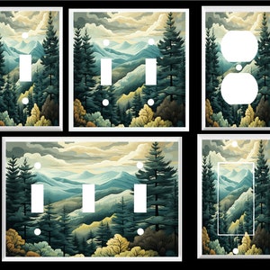 May include: Set of six light switch and outlet covers featuring a scenic mountain landscape with a forest in the foreground. The covers are printed with a watercolor-style image of a mountain range with a blue sky and clouds. The covers are available in a variety of sizes to fit standard light switches and outlets.