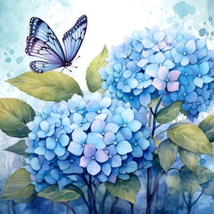 May include: Watercolor painting of blue hydrangea flowers with green leaves and a blue and purple butterfly. The artwork has a soft, dreamy quality with a light blue background. The flowers are in full bloom, and the butterfly is hovering nearby.