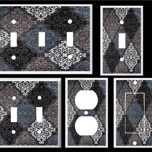 Damask White Black Gray Teal Modern Home Decor  Light Switch Cover Plate or Outlet