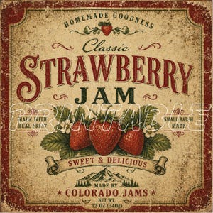 Puede incluir: Etiqueta de estilo vintage para mermelada de fresa. La etiqueta presenta las palabras "Strawberry Jam" en letras grandes y ornamentadas. Debajo, ilustraciones de fresas y hojas. La etiqueta dice "Made with Real Fruit" y "Small Batch Made". Peso neto 340g.