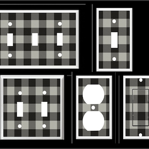 May include: Set of five light switch and outlet covers featuring a black and white plaid pattern. The covers are made of durable plastic and are easy to install.