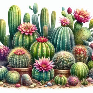 May include: A collection of various cacti and succulents in different shapes and sizes, with vibrant green, pink, and red colors. The cacti are arranged in a cluster, creating a visually appealing and textured display.