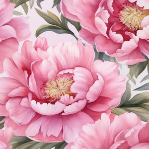 May include: A close-up of pink peonies with soft, delicate petals. The flowers are in full bloom and have a light, airy feel.