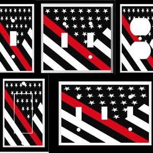 May include: Set of five light switch and outlet covers featuring a black and white American flag design with a red stripe. The covers are made of durable plastic and are easy to install.