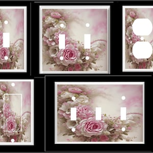 May include: Set of five light switch and outlet covers featuring a pink and white floral design. The design features a bouquet of pink roses and white flowers with a soft pink background.