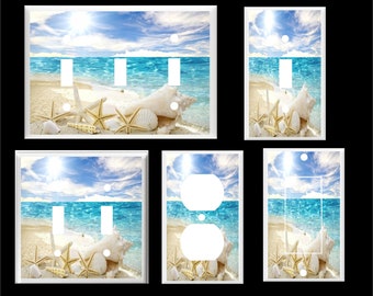 WHITE SEASHELL Starfish Beach Sand Ocean Home Decor Light Switch Cover plate Home Decor Outlet Sea Blue Sky Clouds Tropical Paradise Waters