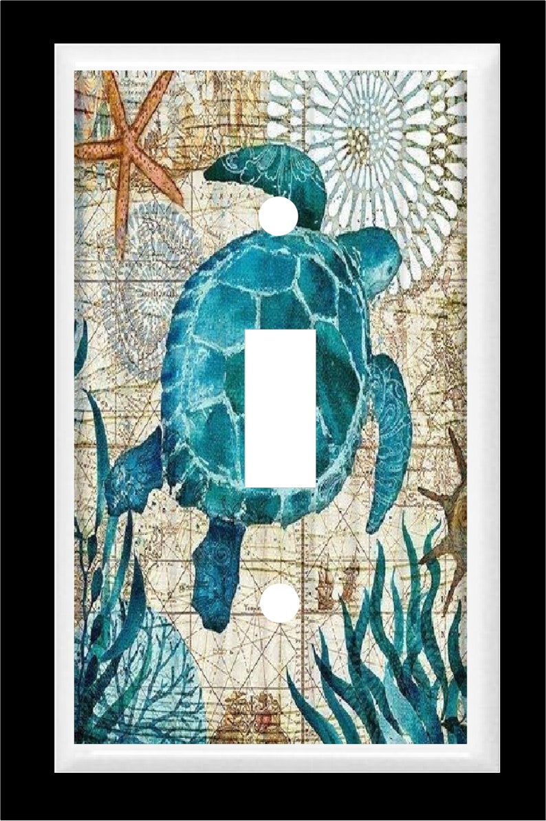 May include: A light switch cover featuring a watercolor painting of a sea turtle swimming in the ocean. The background is a vintage map with nautical details. The turtle is blue and green, and the water is a light blue. The map is beige and brown.