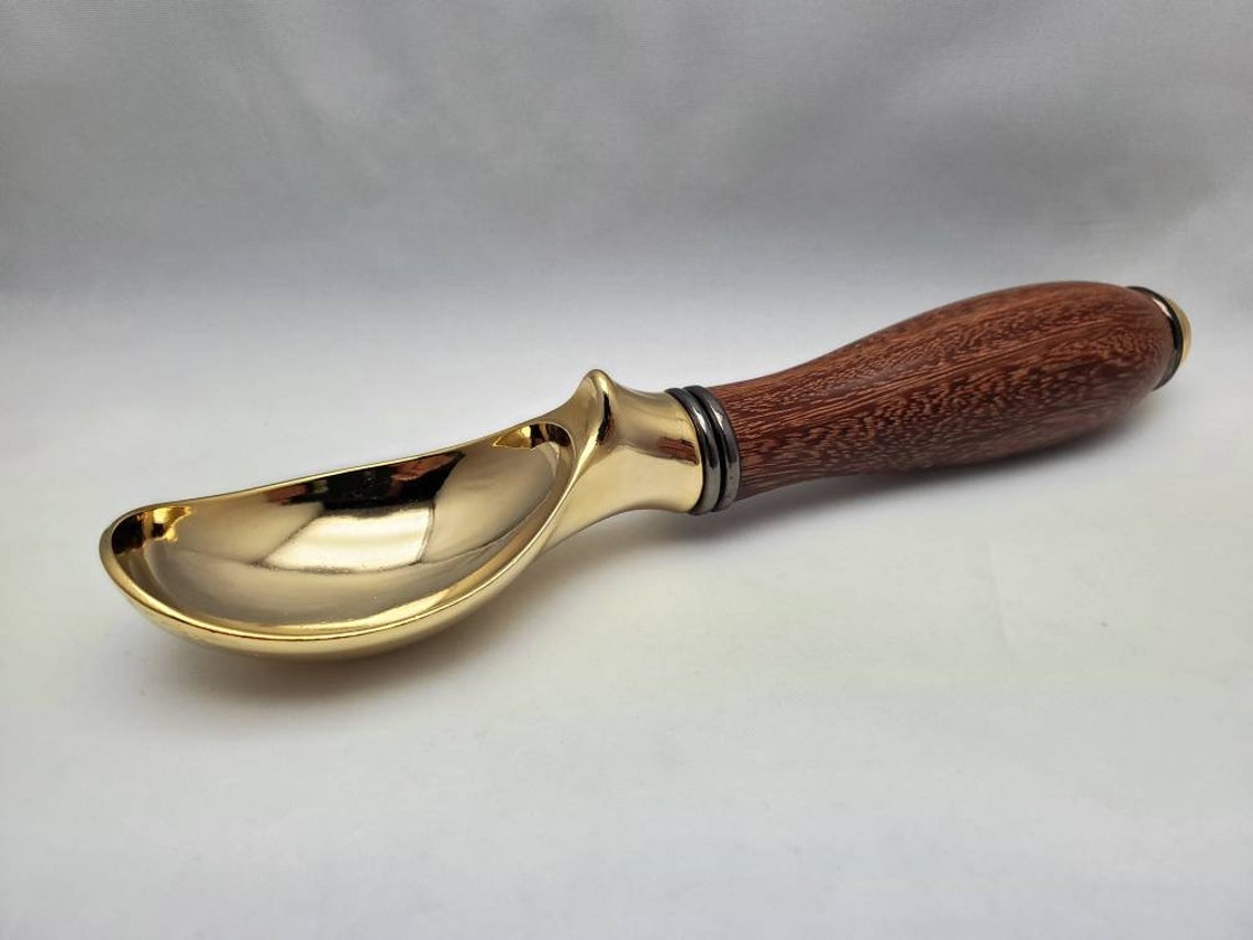 Hand Turned Ice Cream Scoop, Gold Titanium Scoop, Gun Metal Accent