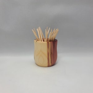 May include: A wooden toothpick holder with a natural wood finish on one side and a reddish-brown wood finish on the other side. The holder is filled with toothpicks.