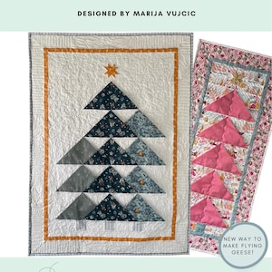 May include: A quilted wall hanging with a Christmas tree design. The tree is made of various patterned triangles in shades of blue and gray, with a gold star on top. The text "JOYFUL TREES" is at the top.