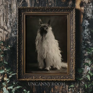 May include: A framed portrait featuring a long-haired, shaggy creature with dark facial features and light-colored fur. The artwork is enclosed in an ornate, dark gold-toned rectangular frame. The text "UNCANNY ROOM" is printed below the frame.