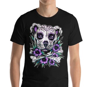 Short-Sleeve Unisex T-Shirt | Day of the Dead Sugar Skull Pit Bull | Lowbrow Goth Tattoo Flash Dog Art