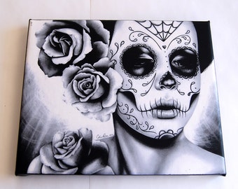 Day of the Dead Girl Art Stretched Canvas Print | Felicity | Black and White Sugar Skull Tattoo | Made To Order | Wall Decor Lowbrow
