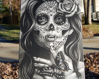Tattoo Art Canvas Print Stretched Canvas Print | Serenity | Black and White Tattoo Butterfly Sugar Skull Girl Made To Order Fine Art Decor