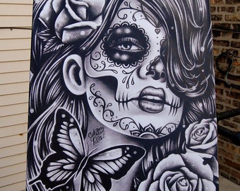 Tattoo Art Canvas Print Stretched Canvas Print | Epiphany | Black and White Day of the Dead Sugar Skull Girl Made To Order Fine Art Decor