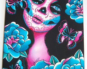 Stretched Canvas Print | Memento | Day of the Dead Sugar Skull Girl Tattoo Illustration | Roses and Butterflies