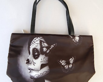 Flutter By by Carissa Rose Large Purse | Day of the Dead Hand Bag Sugar Skull Tattoo Art | Black and White Punk Rockabilly | Made to Order