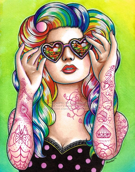 Rainbow Punk Rock Tattoo Pin up Girl Stretched Canvas Art