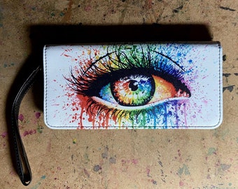 Women's Clutch Purse Wallet Wristlet | Eye Candy by Carissa Rose | Colorful Pop Art Rainbow Drippy Eyes Zipper Wallet Clutch Handbag
