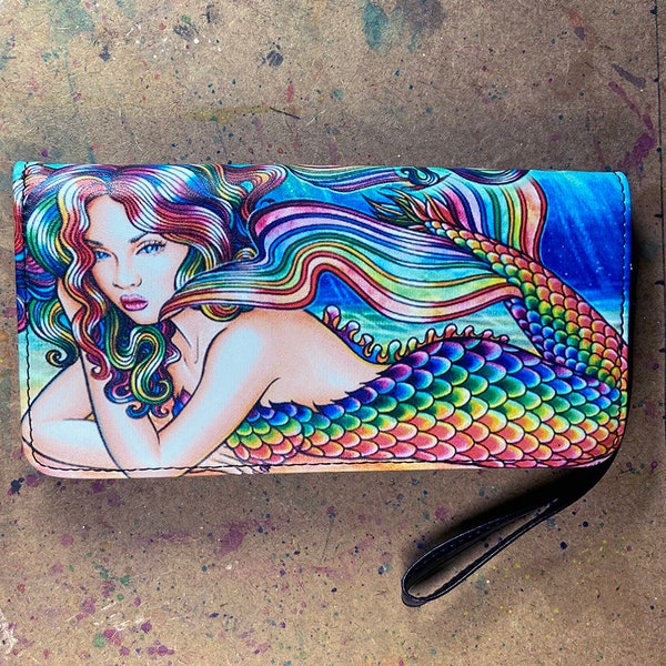 Women's Clutch Purse Wallet Wristlet | Mermaid II by Carissa Rose | Colorful Pop Art Rainbow Fantasy Pin Up Zipper Wallet Clutch Handbag