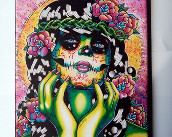 Tattoo Art Print Stretched Canvas | Somewhere in the Between | Day of the Dead Tattoo Art Girl Made To Order Lowbrow Alternative Decor