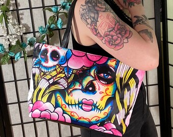 Wash Away by Carissa Rose Shoulder Purse Bag | Sugar Skull Tattoo Art Hand Bag | Day of the Dead Emo Psychobilly Goth Punk Wearable Artwork