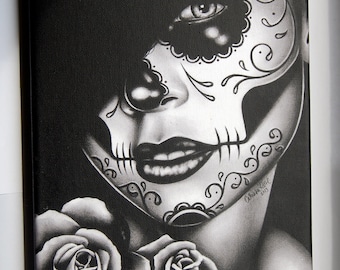 Tattoo Art Canvas Print Stretched Canvas Print | Lolita | Black and White Day of the Dead Sugar Skull Girl Made To Order Fine Art Decor