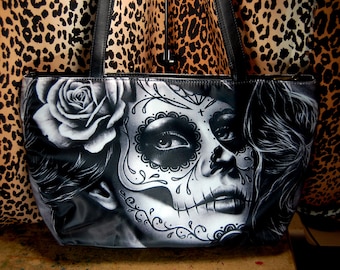 Duality by Carissa Rose | Large Purse | Day of the Dead Sugar Skull Tattoo Art Handbag | Black and White Punk Rockabilly Goth